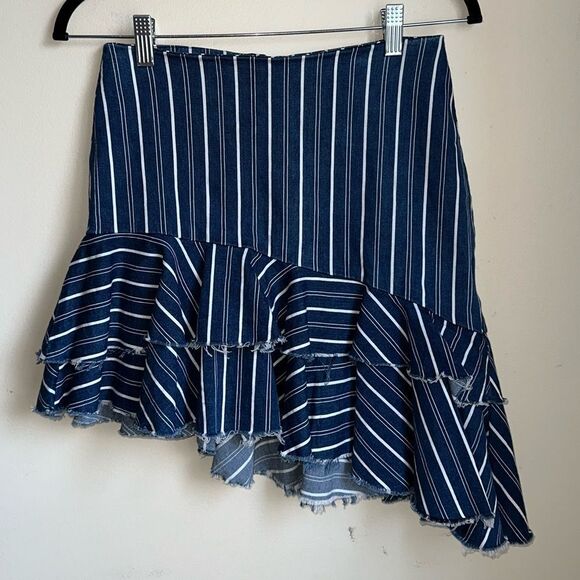 WOMEN'S ZARA DENIM RUFFLE HIGH LOW SKIRT white striped asymmetrical size xs - Picture 2 of 9